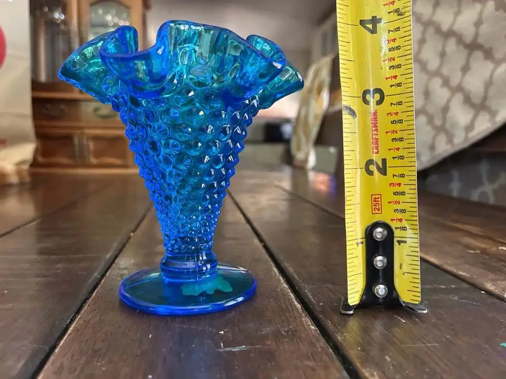 Vintage Fenton Colonial Blue Hobnail Ruffled Footed Vase 4
